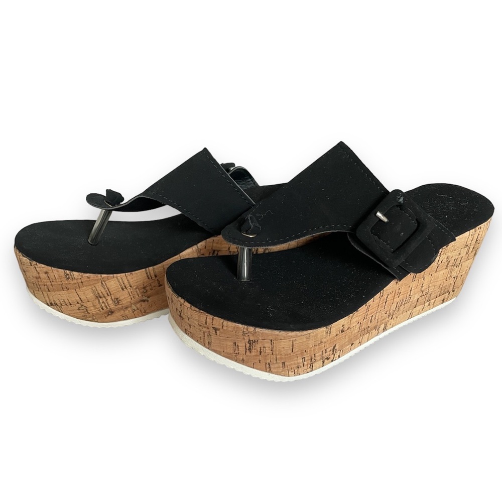 NANIYA - Black Buckle Platform Wedge Sandal – Women Size: 6.5